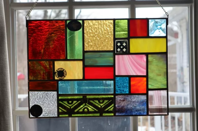 Large Stained Glass Window Panel Featuring Antique Glass Fragments Bright colors