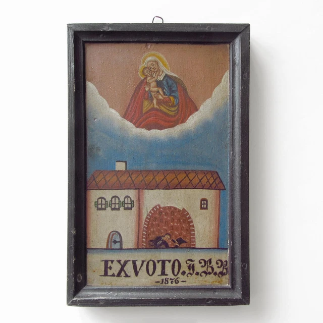 Exvoto Votivbild v. 1876 Votivtafel 25x40cm Maria mit Jesuskind
