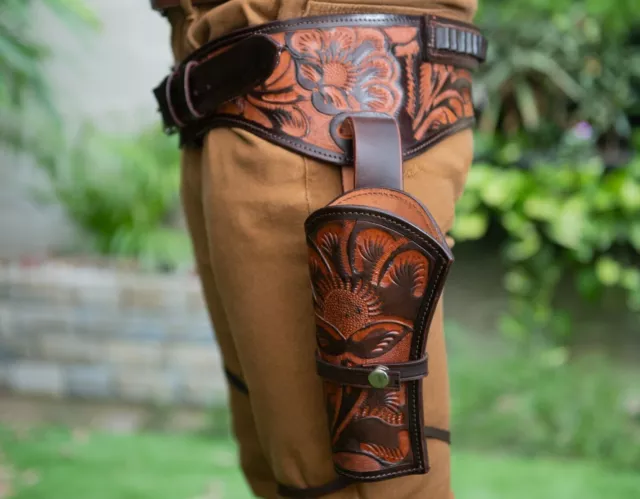 .44/45/.22Cal carved  Western Leather Dual Hand Gun Holster Tooled RIG GUN BELT