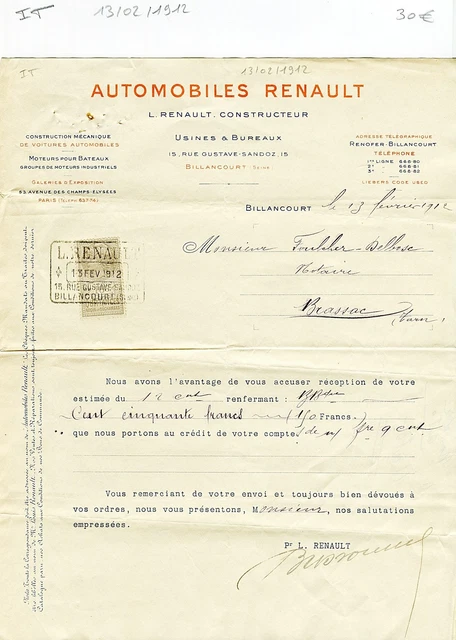 Dépt 92 - Billancourt - Automobiles Célèbre Constructeur Louis RENAULT de 1912