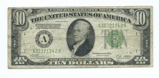 1928 B $10 Federal Reserve Note = Boston = Redeemable In Gold On Demand - 1