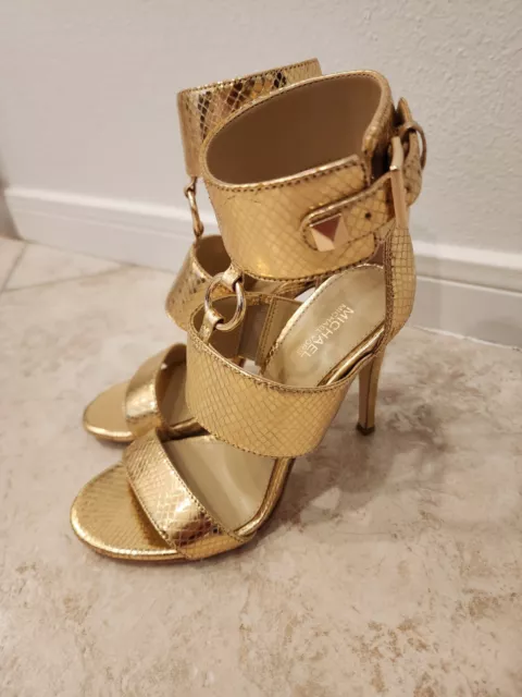 Michael Kors Womens Amal Metallic Snake Embossed Leather Sandals Gold, US 5M