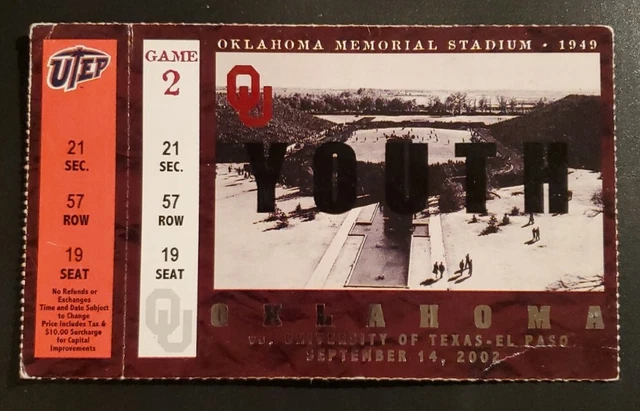 Oklahoma Sooners UTEP Miners Football FULL Ticket 9/14 2002 Nate Hybl 2 TD Stub