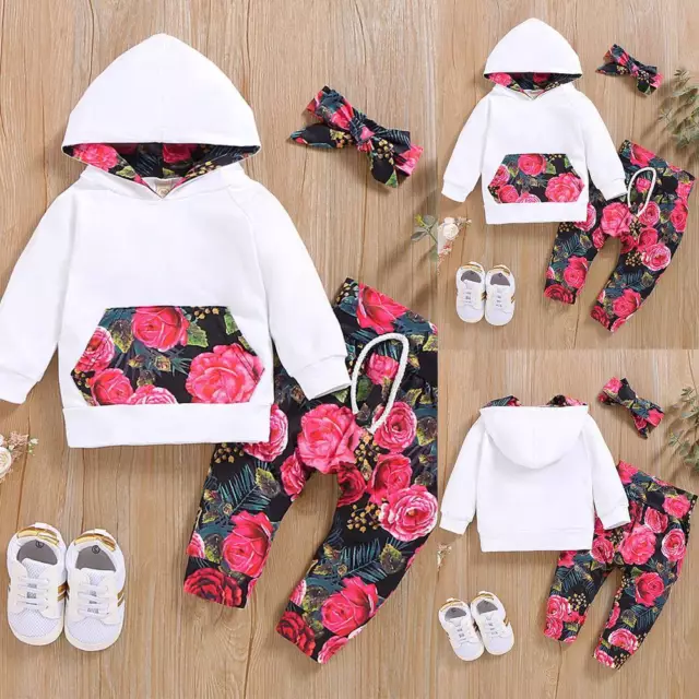 Baby Girls Floral Hooded Tracksuits Outfits Sweatshirt Tops Pants Infant Sets UK