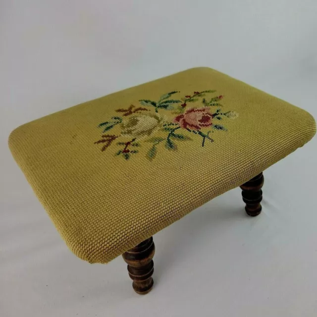 Needlepoint Footstool Gold Finished Floral Fall Harvest Wooden Legs 8" High EVC