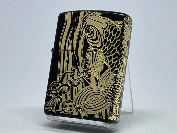 Zippo Armor Rising Carp Matte Black Gold Plate 2 Sides Etching Blass Lighter NEW