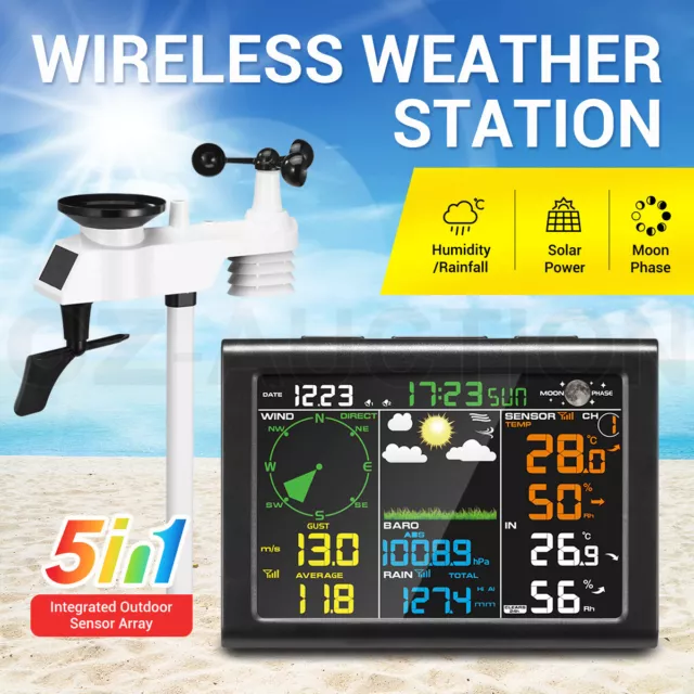 Solar Powered Wireless Weather Station Rain Gauge Temperature Humidity