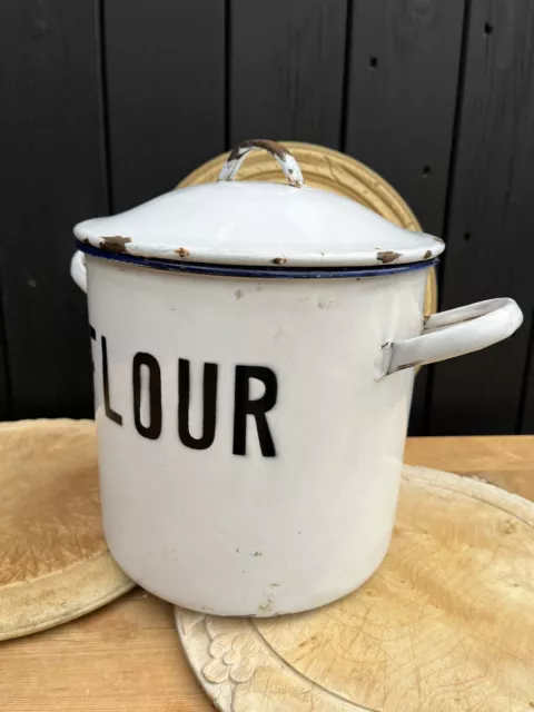 Traditional Vintage White Enamel Flour Bin With Handles