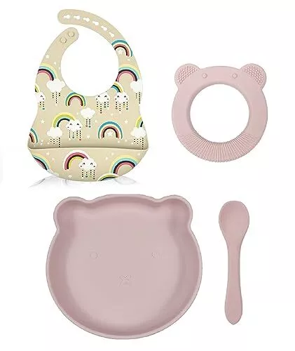 Juego de Vajilla de bebe de Silicona (Arcoiris, Rosa, Oso): Plato con ventosa,