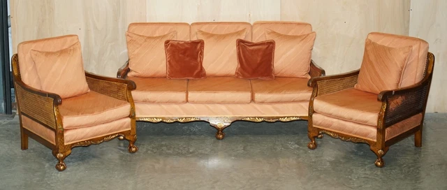 1920'S Walnut & Chinoiserie 3 Piece Bergere Sofa Armchair Suite For Restoration 2