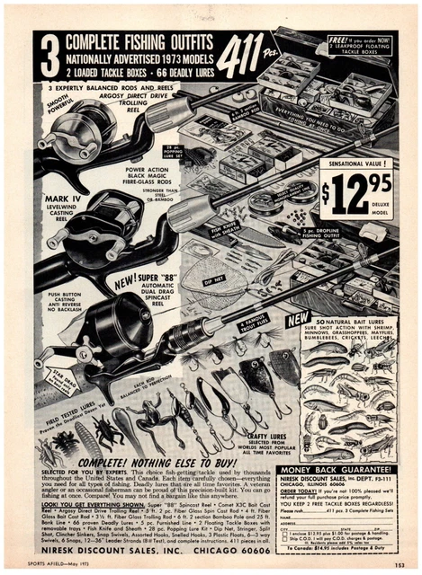 Niresk Discount Sales 3 Complete Fishing Outfits Lures VTG Print Ad 8"x 11" 1973