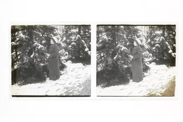 France Femme Paysage de neige Photo n46L6- Plaque Verre Stereo Vintage