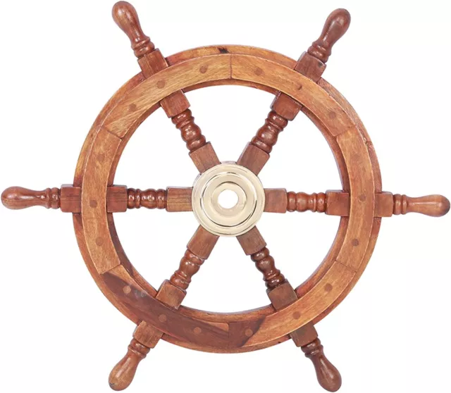 ShipWheel 18" Teak Wood Ship Wheel with Brass Inset and Six Spokes, Brown