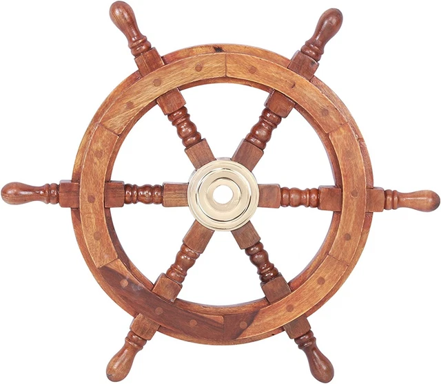 ShipWheel 18" Teak Wood Ship Wheel with Brass Inset and Six Spokes, Brown