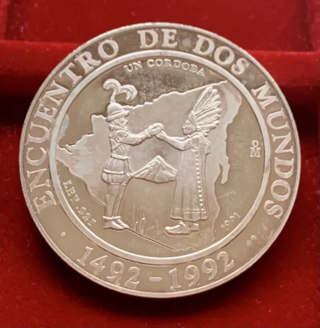 Moneda PLATA NICARAGUA 1 Cordoba 1991 ENCUENTRO DE DOS MUNDOS 1492-1992
