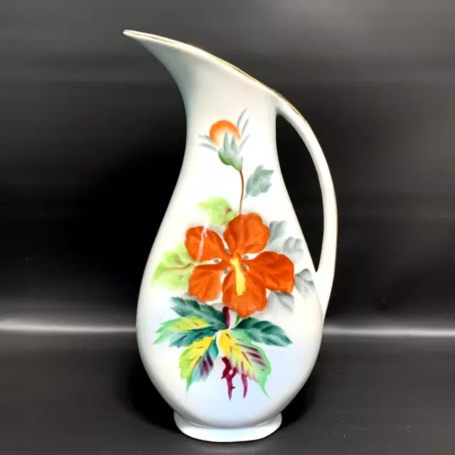 HAWAIIAN TROPICAL PORCELAIN PITCHER VASE Hibiscus Floral Vintage Hand Painted