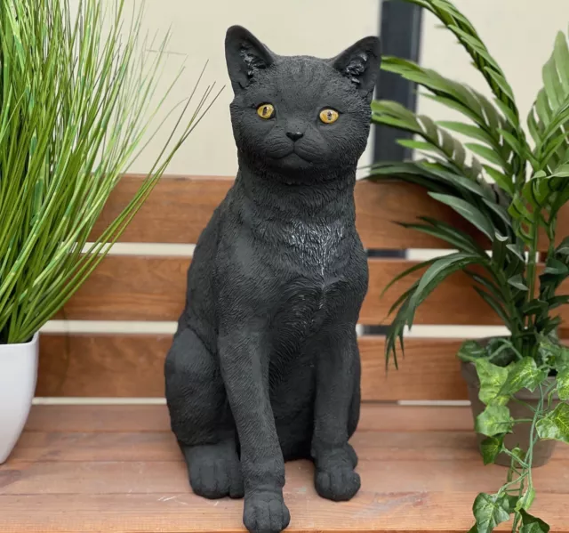 Steinfigur Katze Kater sitzend schwarz groß Frostfest Steinguss 39 cm Höhe 