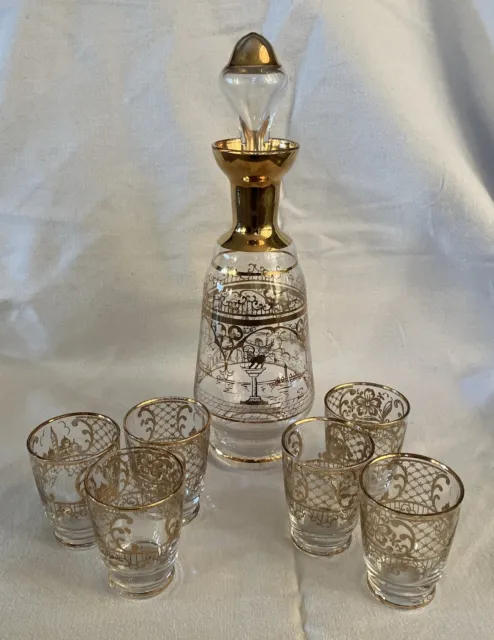 Vintage Venetian Gilded Glass Decanter And 6 Shot Glasses. Signed. VGC