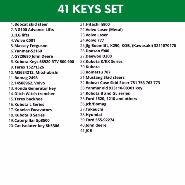 New 41 Heavy Equipment Ignition Key Set Case Cat Komatsu JCB Kubota Bobcat Volvo 2