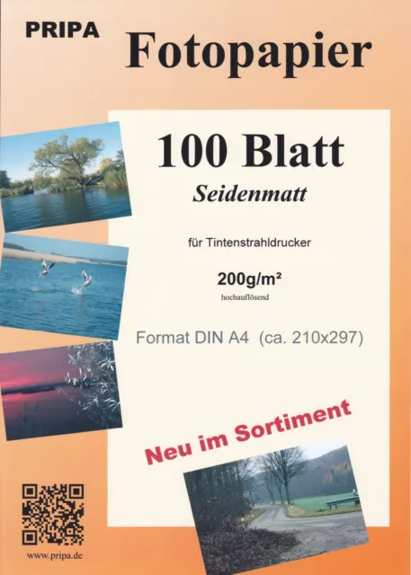 PRIPA Fotopapier 100 Blatt DIN A4 (ca. 210-297mm) 200g/m² seidenmatt/seidenglanz