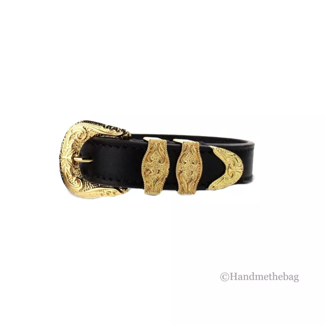 Versace Medusa Western Black Leather Gold Toned Brass Buckle Bracelet
