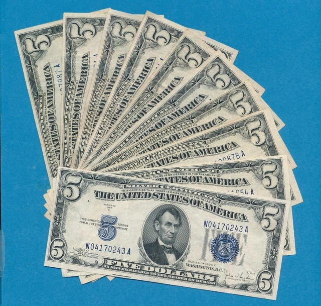 10-$5.00 1934 Mixed Series Blue Seal Silver Certificates Nice Vf+Xf Lot