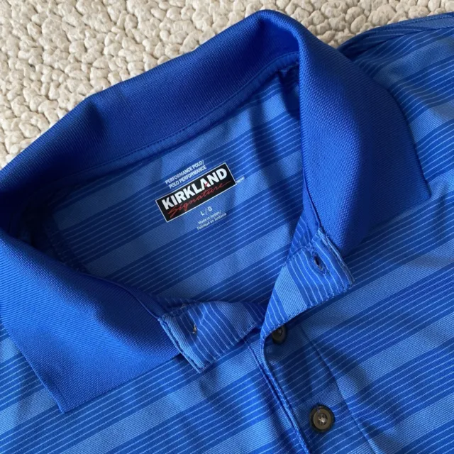 Kirkland Signature Mens Large Blue Striped Performance Polo Golf Shirt Size L