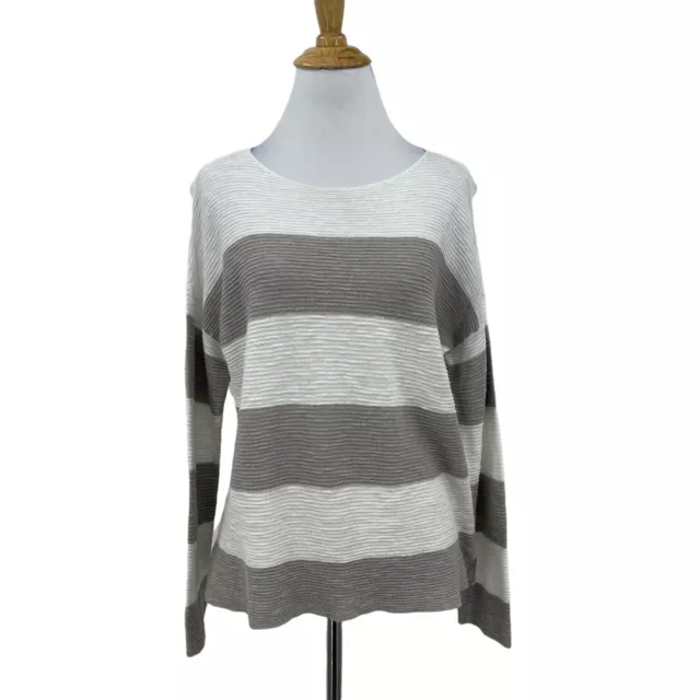 Eileen Fisher Linen Cotton Top Womens Petite PP Stripe Long Sleeve Open Stitch