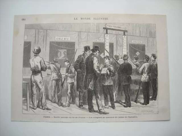 GRAVURE 1875. PARIS. SOCIETE CENTRALE DU TIR EN France. LES COLLEGIENS AU CONCOU