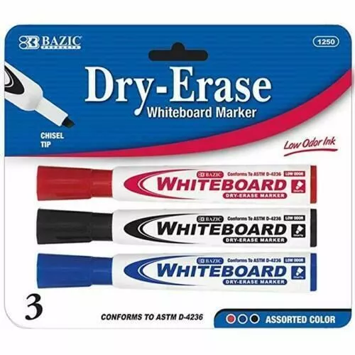 3pk BAZIC Whiteboard Marker Pens White Board  Easy Wipe Bullet Tip Gifts