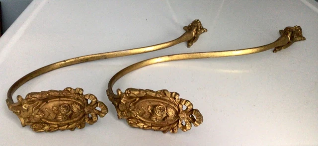 Antique PAIR French Gilt Brass Drapery Curtain Tiebacks, ROSE DESIGN, 13" x 7"