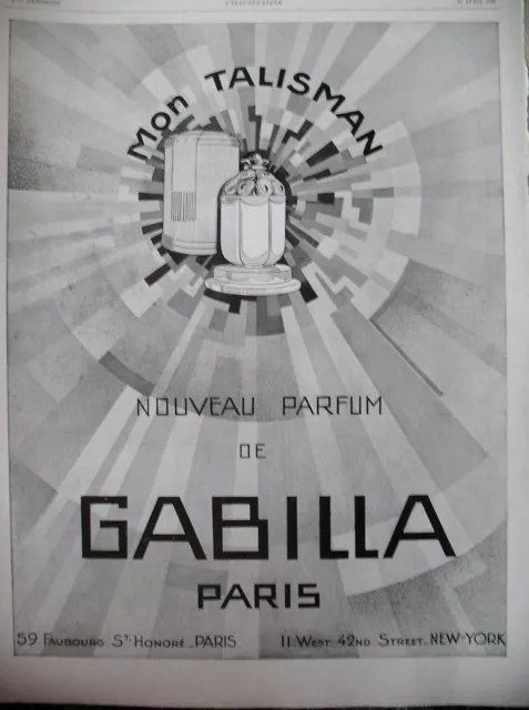 Publicite De Presse Parfum Gabilla Mon Talisman Flacon French Ad 1928