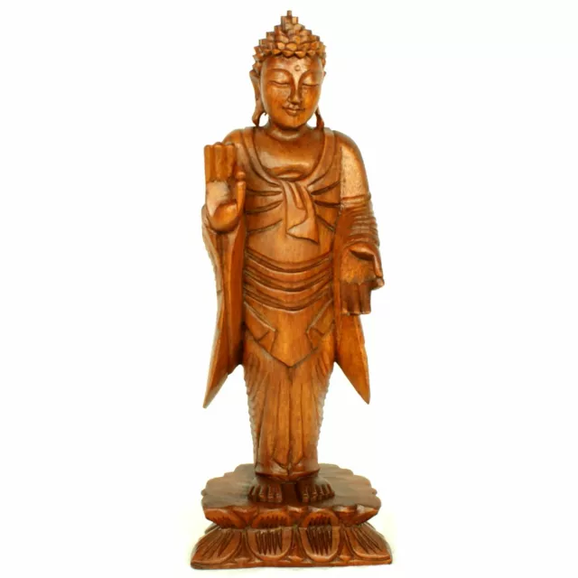 Large Standing Buddha Wooden Hand Carved Varada Mudra Wood Statue 40cm