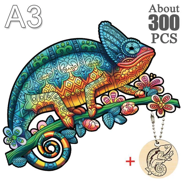 Wooden Jigsaw Puzzle Chameleon Animals Shape Kids Adult Educational Toys Games