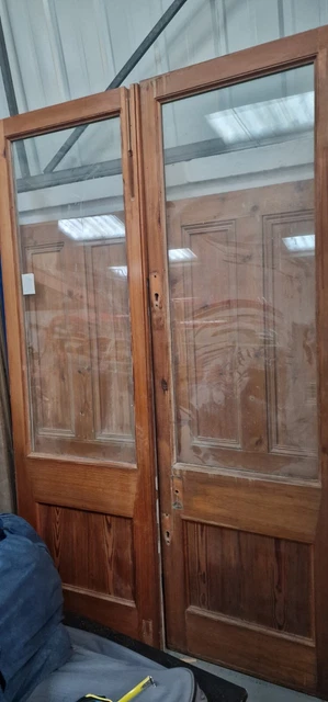 ANTIQUE 8' TALL DOORS 1/2 GLASS USA PITCH PINE 19th CENTURY RECLAIMED SOLID GOOD
