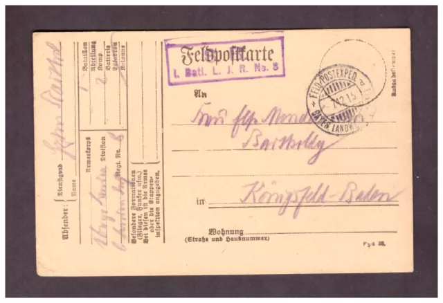 Deutsches Reich Feldpostkarte 1.Weltkrieg nach Königsfeld aus 1915,