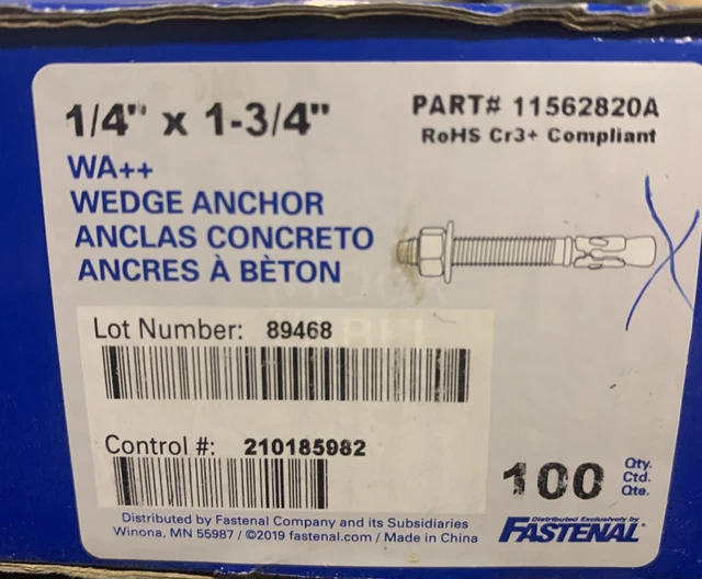 (100) FASTENAL CONCRETE Wedge Anchor Bolts 1/4 x 13/4 W/Nuts & Washers