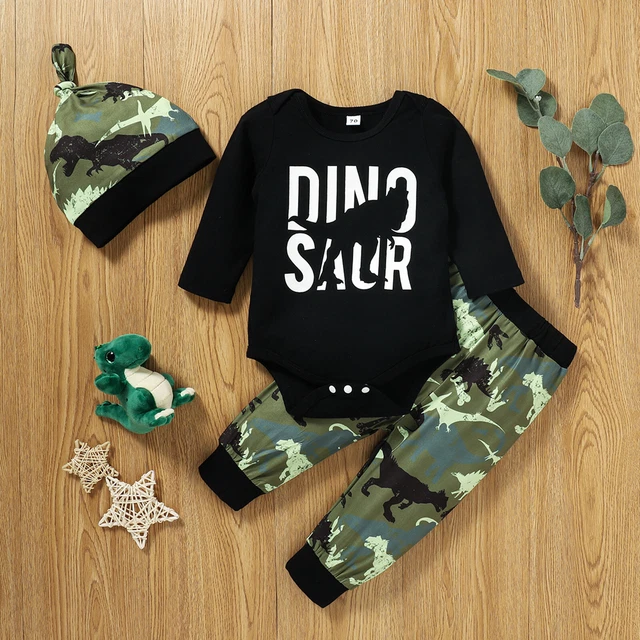 Set Abbigliamento Bambini Bambino Stampa Dinosauro Romper Body Pantaloni Lunghi e Cappello Abiti