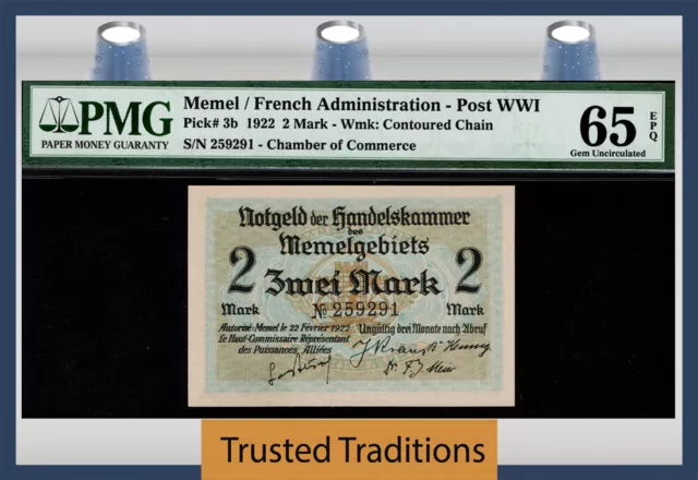 TT PK 3b 1922 MEMEL / FRENCH ADMINISTRATION POST WWI 2 MARK PMG 65 EPQ TOP POP