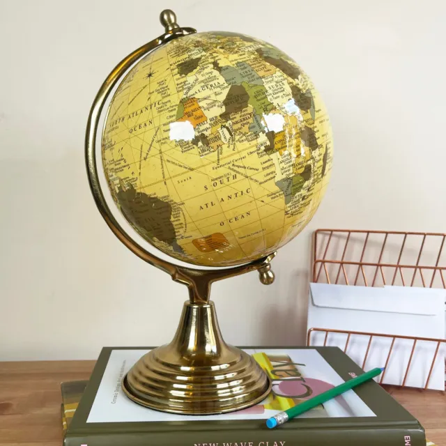 World Globe On Vintage Gold Stand Rotating Office Desk Atlas Map Ornament Gift