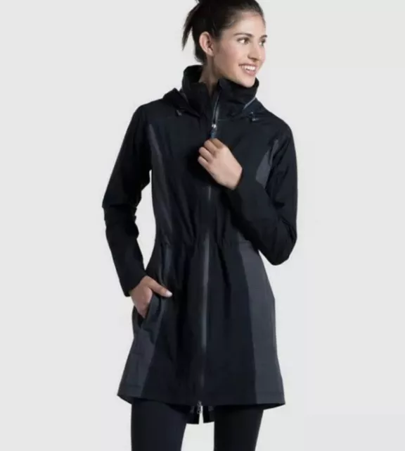 KUHL WOMEN’S JETSTREAM Trench Rain Jacket Black Grey Waterproof Hooded ...