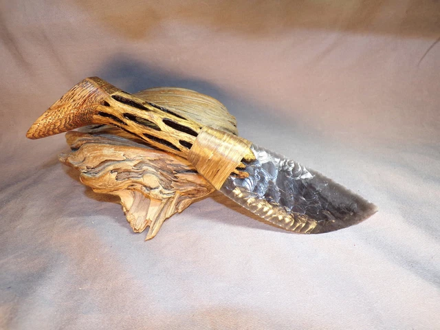 Shark Skin Gray Obsidian Drop Point Knife w Cholla Cactus Wood Handle