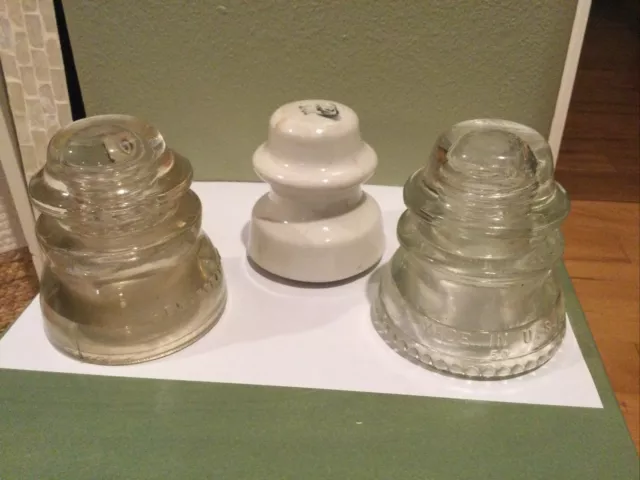 3 Vintage Antique White And Clear Porcelain Insulators  Electric Threaded