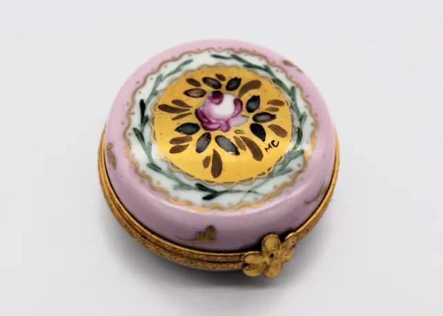 Limoges Trinket Box with metal ring and clasp Marked, signed and hand painted