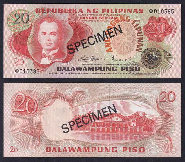 Philippines 20 Piso 1970 P 155s1 Specimen Fds / UNC L-DR