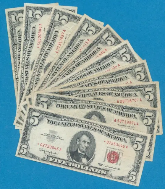10-$5.00 1963 Series Red Seal United States 1 Note  Is A Star Note, Dealers Lot