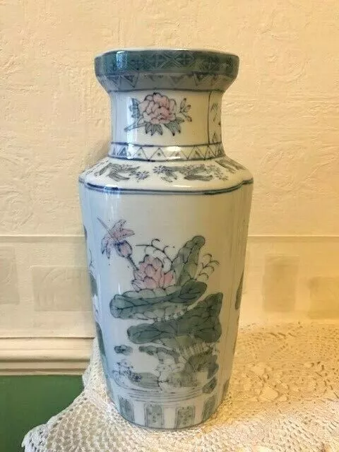 Vintage Chinese Vase Hand Painted Ribbed Flowers, Birds, Dragonfly Mid 20th C