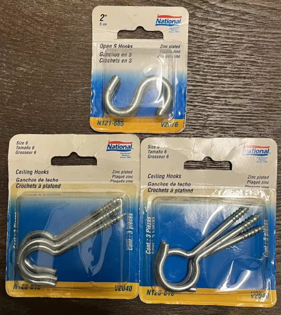 2- National #6 Zinc Finish Ceiling Hook (3-Pack) N120816 & 2” S Hook