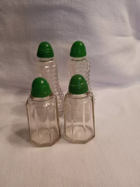 Vintage Clear Glass Salt And Pepper Shakers Green Plastic Tops