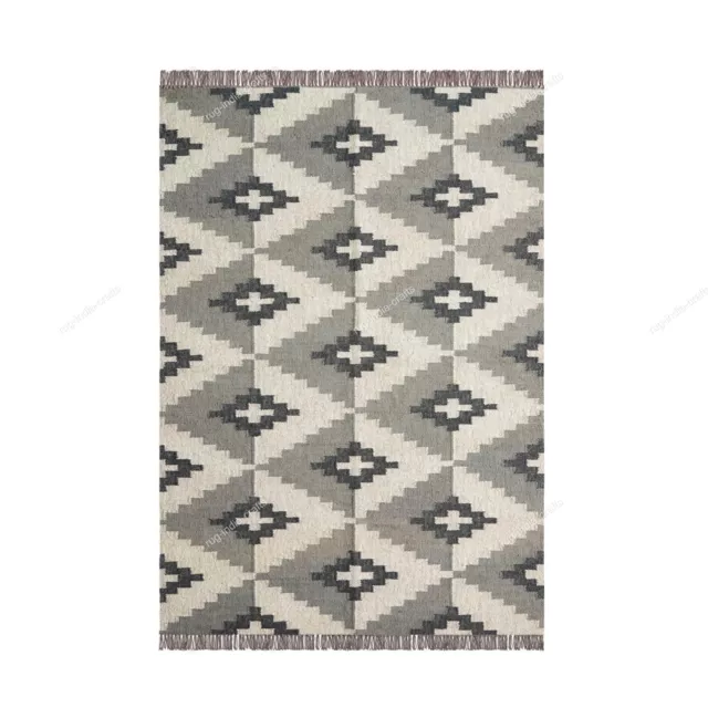 8x10 Ft Black Grey Geometric Bedroom Indian Handmade Woolen Jute Kilim Area Rugs